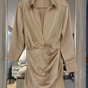 12th Tribe Gold Wrap Skirt Deep Feont Collared Long Sleeve Mini Dress Small